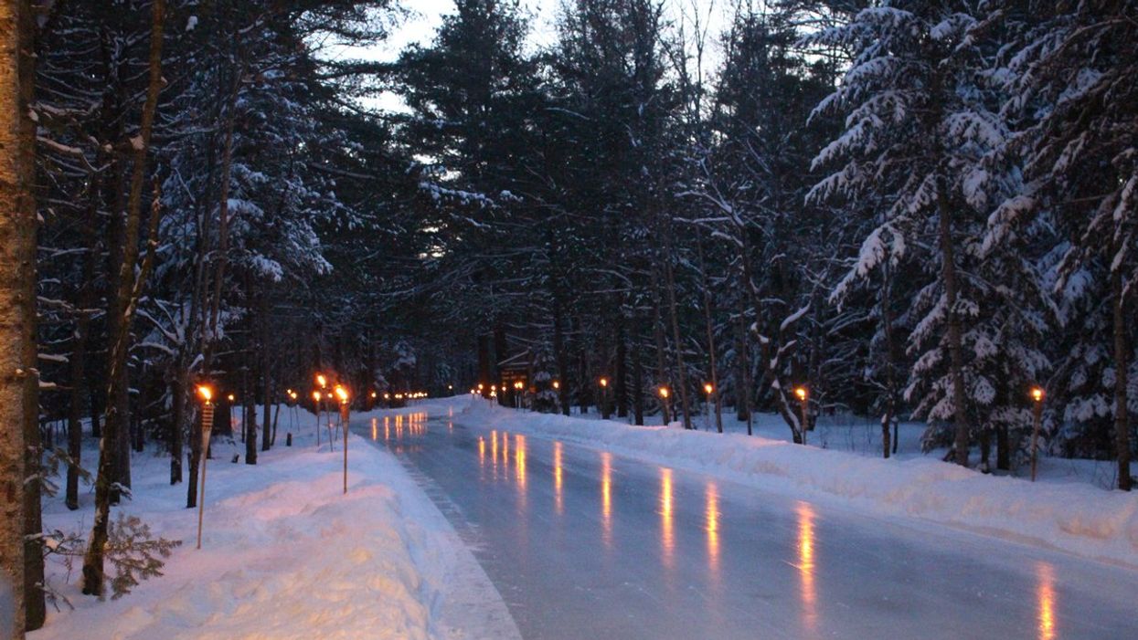 lighted path through the snow